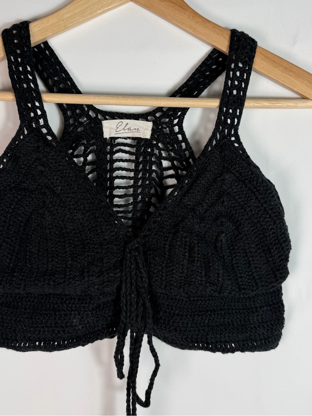 Elan Black Crochet Crop Top Bralette Open Knit Tie Front Boho Festival Small